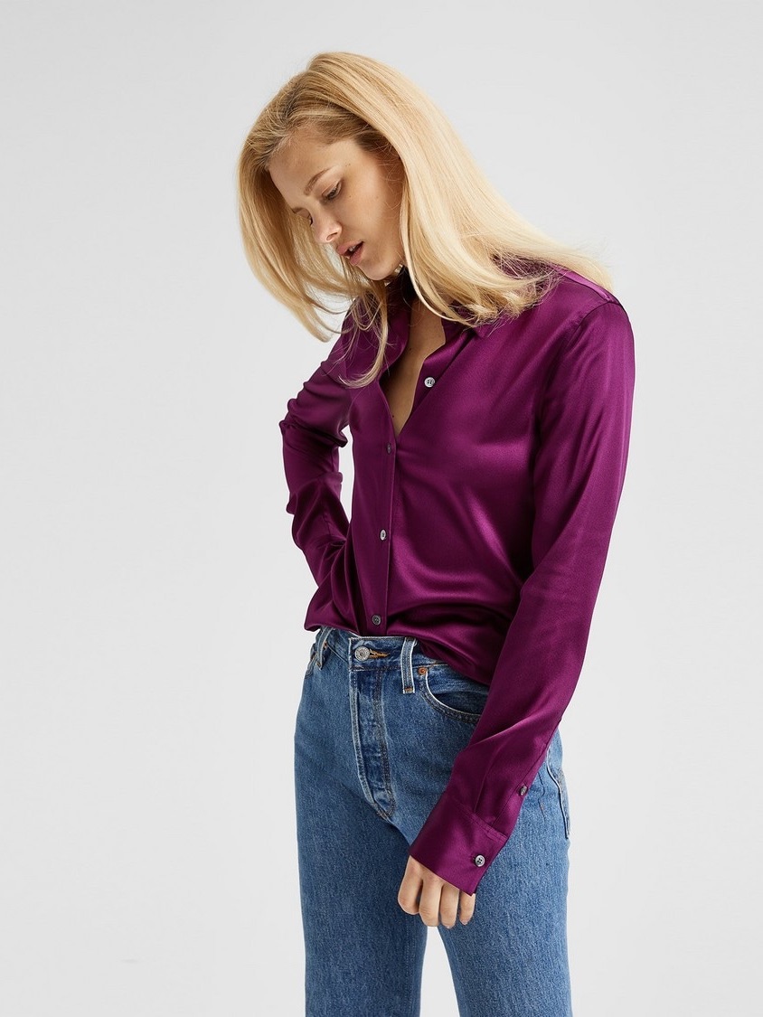 Theory Perfect Fitted Stretch Silk Blouse | Jewel Tone Magenta Sz M